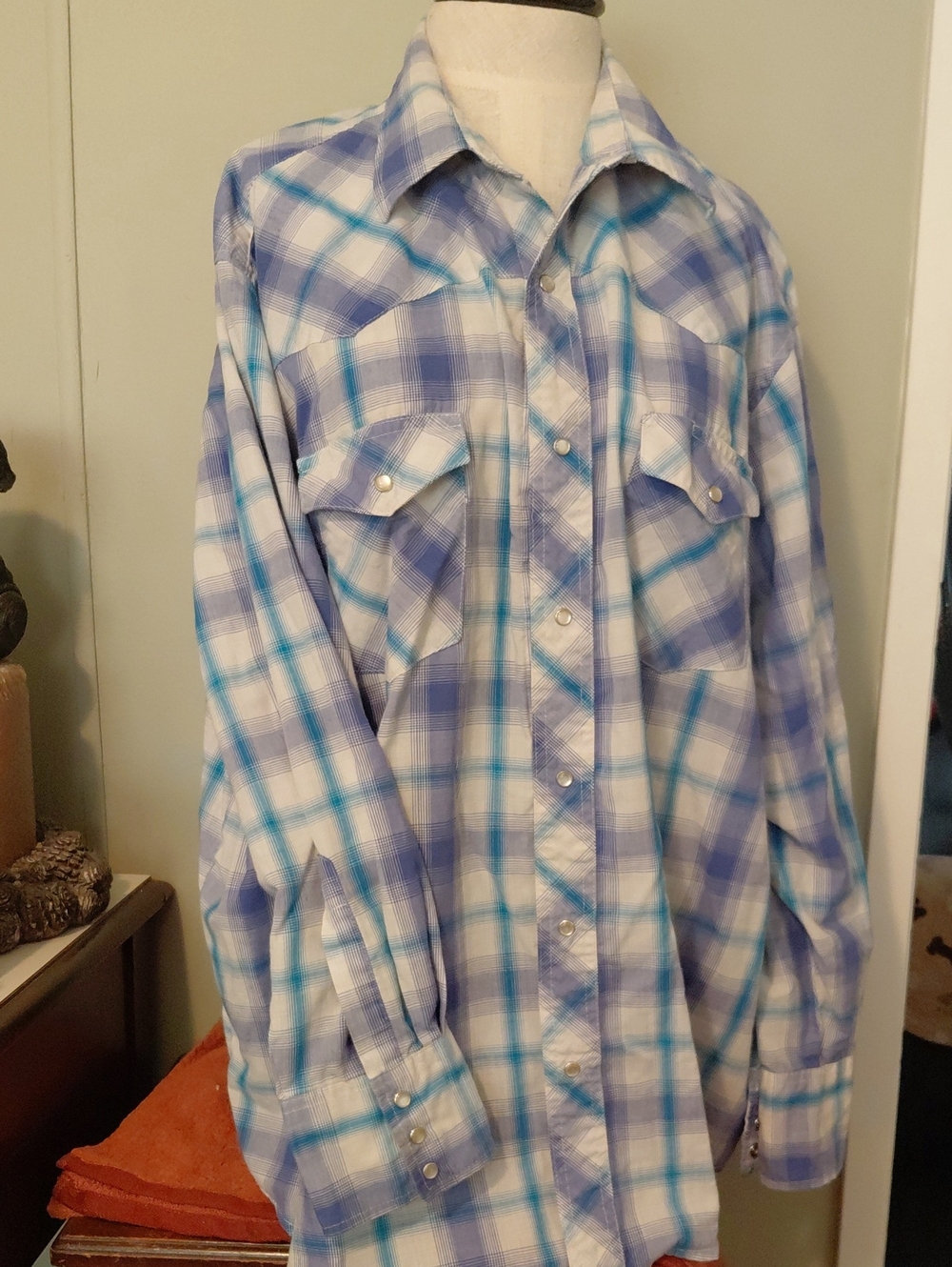 Wrangler Blue & White Plaid Western Shirt Pearl Snap Mens Size 2XL